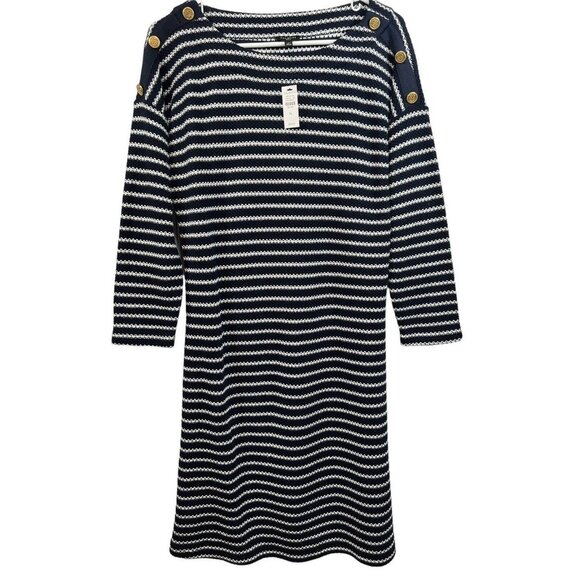 NWT TALBOTS $109 Navy Textured Knit Sweater Dress Large Petite Striped Nautical - Picture 1 of 4